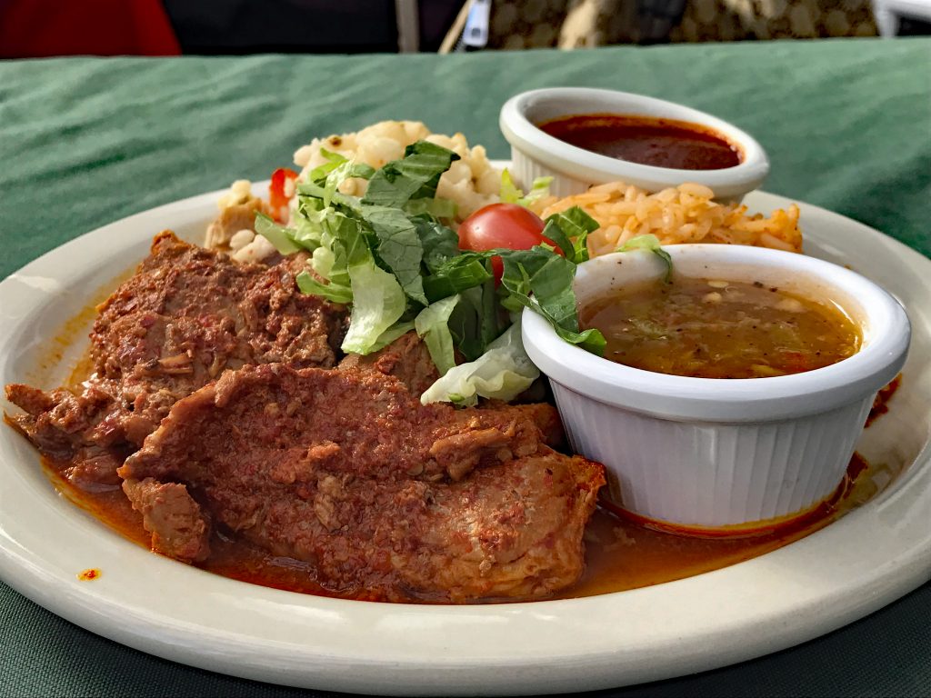 Rancho de Chimayo Restaurante signature dishes Carne Adovada, Combination Plate, Blue Corn Enchiladas, Prickly Pear Margarita